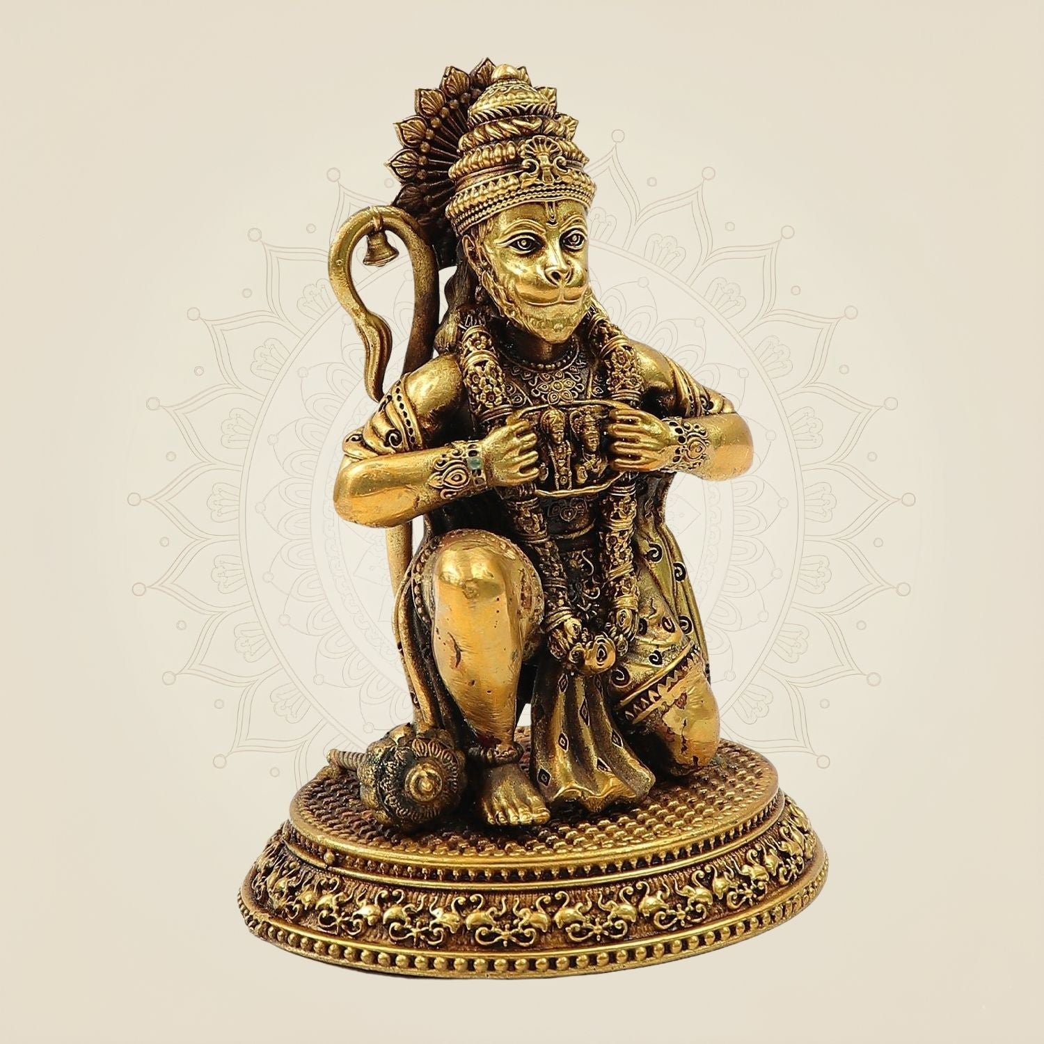 Brass Hanuman Idol – Heart Opening Pose with Ram & Sita - Handcrafted Spiritual Statue 5"