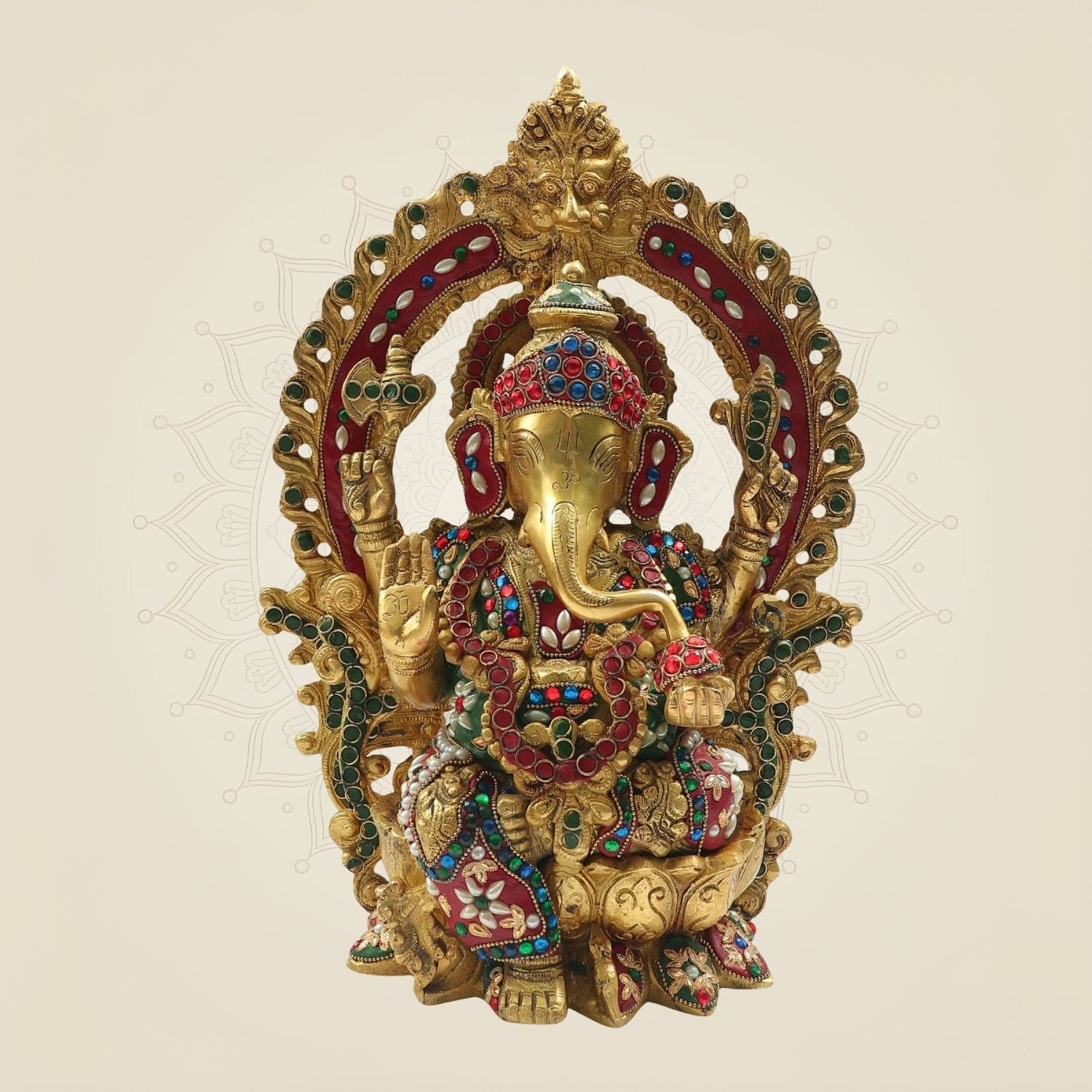 Ganesh Brass Murti 15" - Decorative Idol with Pearl & Colorful Stone Inlay Work