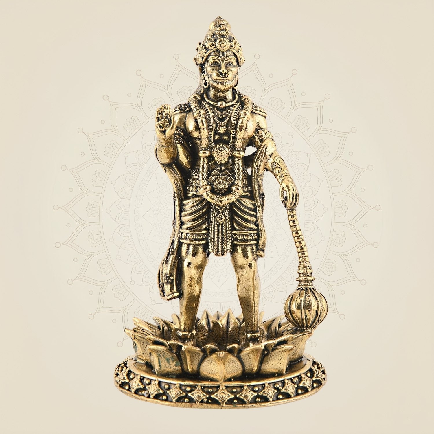 Brass Hanuman Standing on Lotus 4″ – Superfine Carved Idol for Positivity