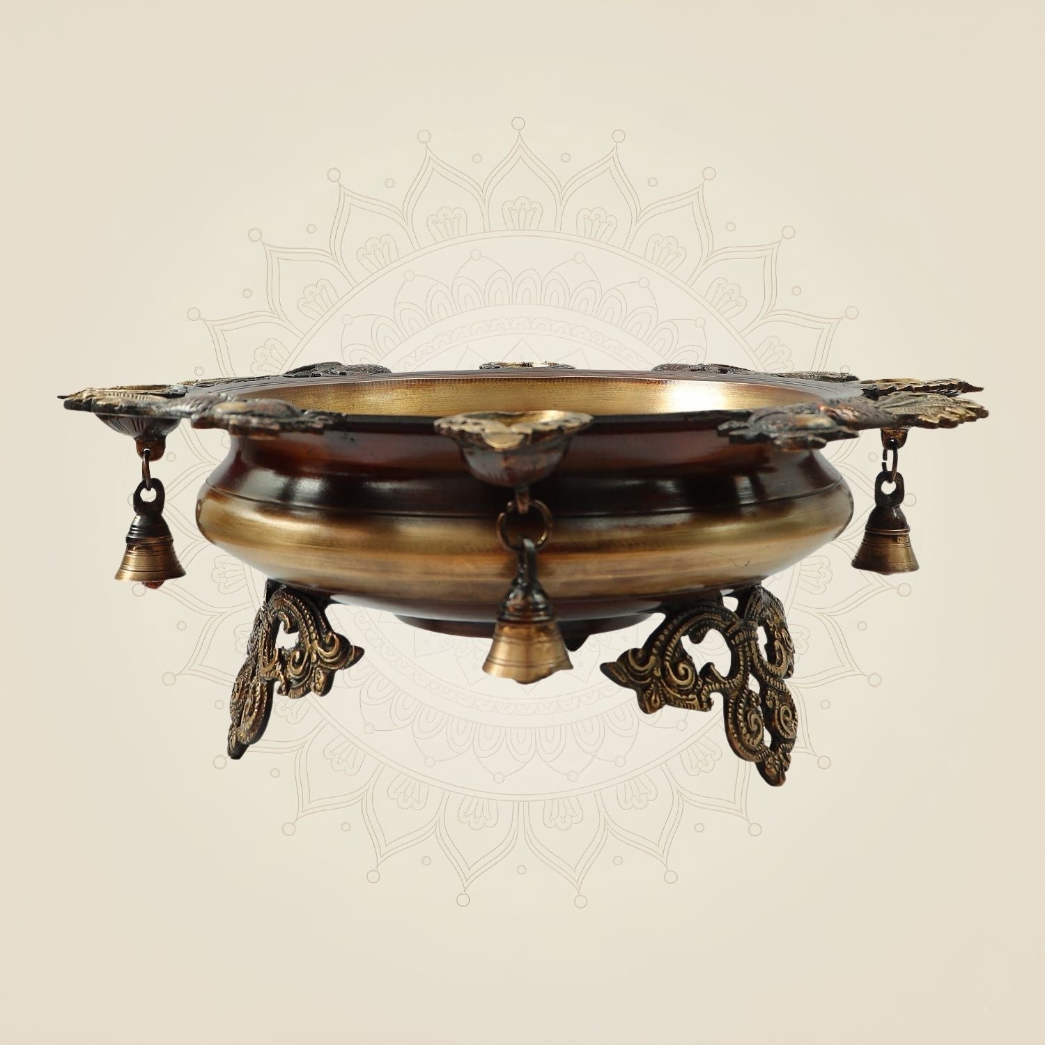 Pure Hand Painted Brass Urli with Peacock Motifs & Hanging Bells 6" | Traditional Decor