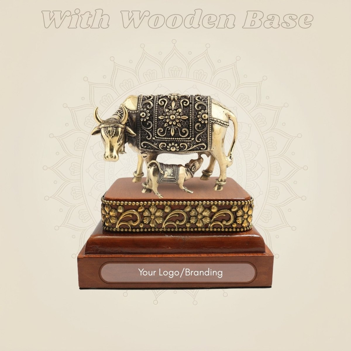 Brass Kamdhenu Cow Murti Calf on a Wooden Base
