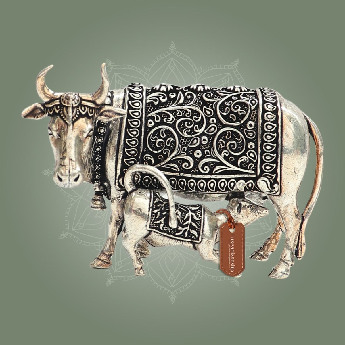 2.5" Silver Plated Kamdhenu Cow with Calf Idol for Vastu Murti