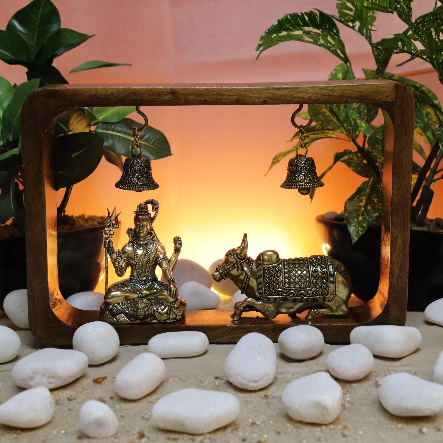 Brass Shiva Idol with Nandi in Wooden Frame
