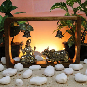 Brass Shiva Idol with Nandi in Wooden Frame