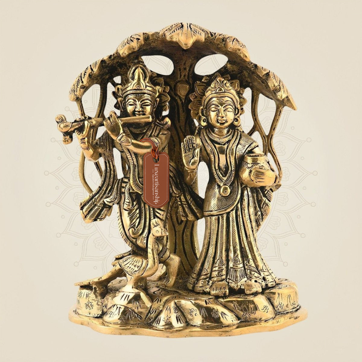Brass Radha Krishna Idol Under Tree 5.25" - Symbol of Divine Love & Union