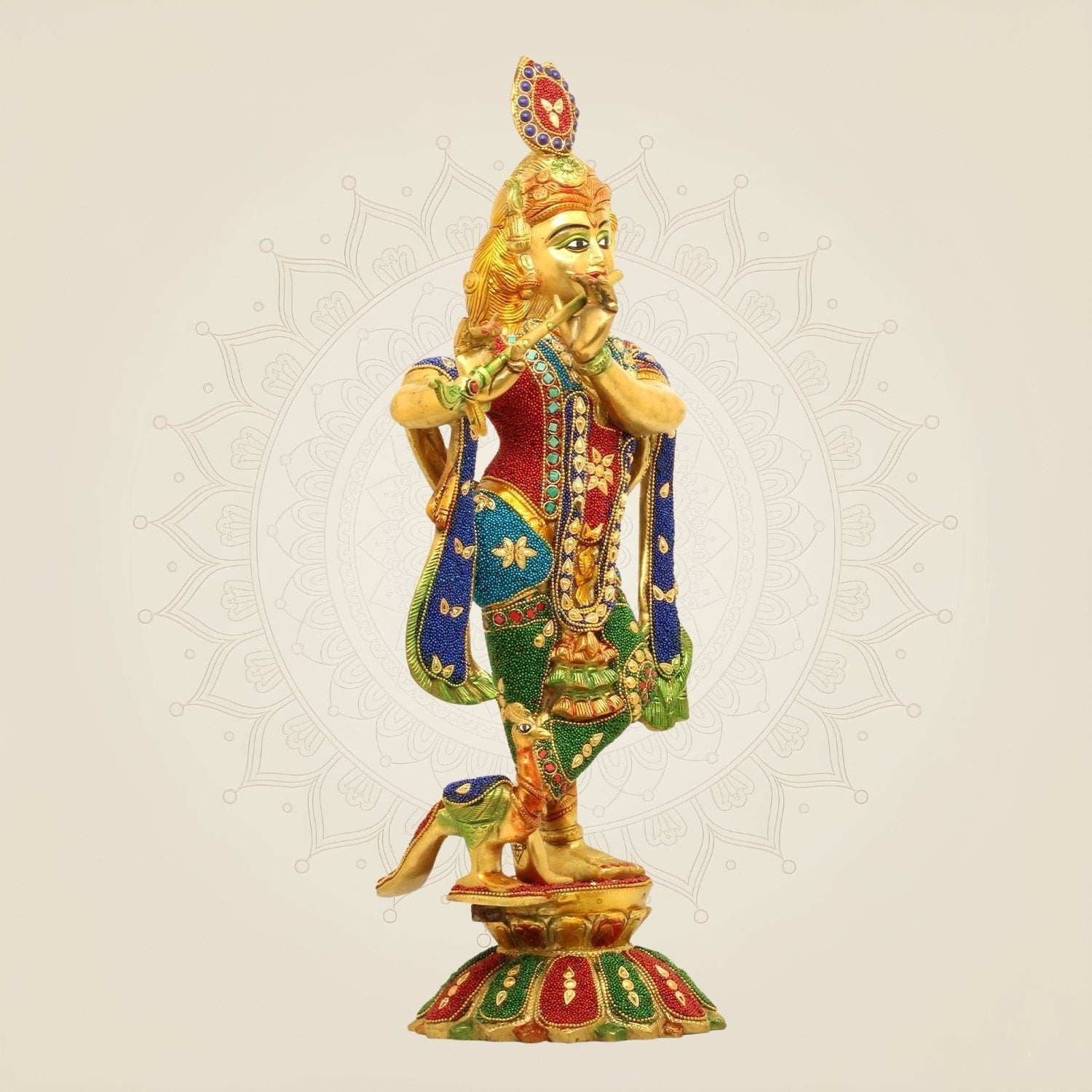 Large Brass Krishna Idol with Multicolor Stonework 18.5"– Flute Playing Murti Decor
