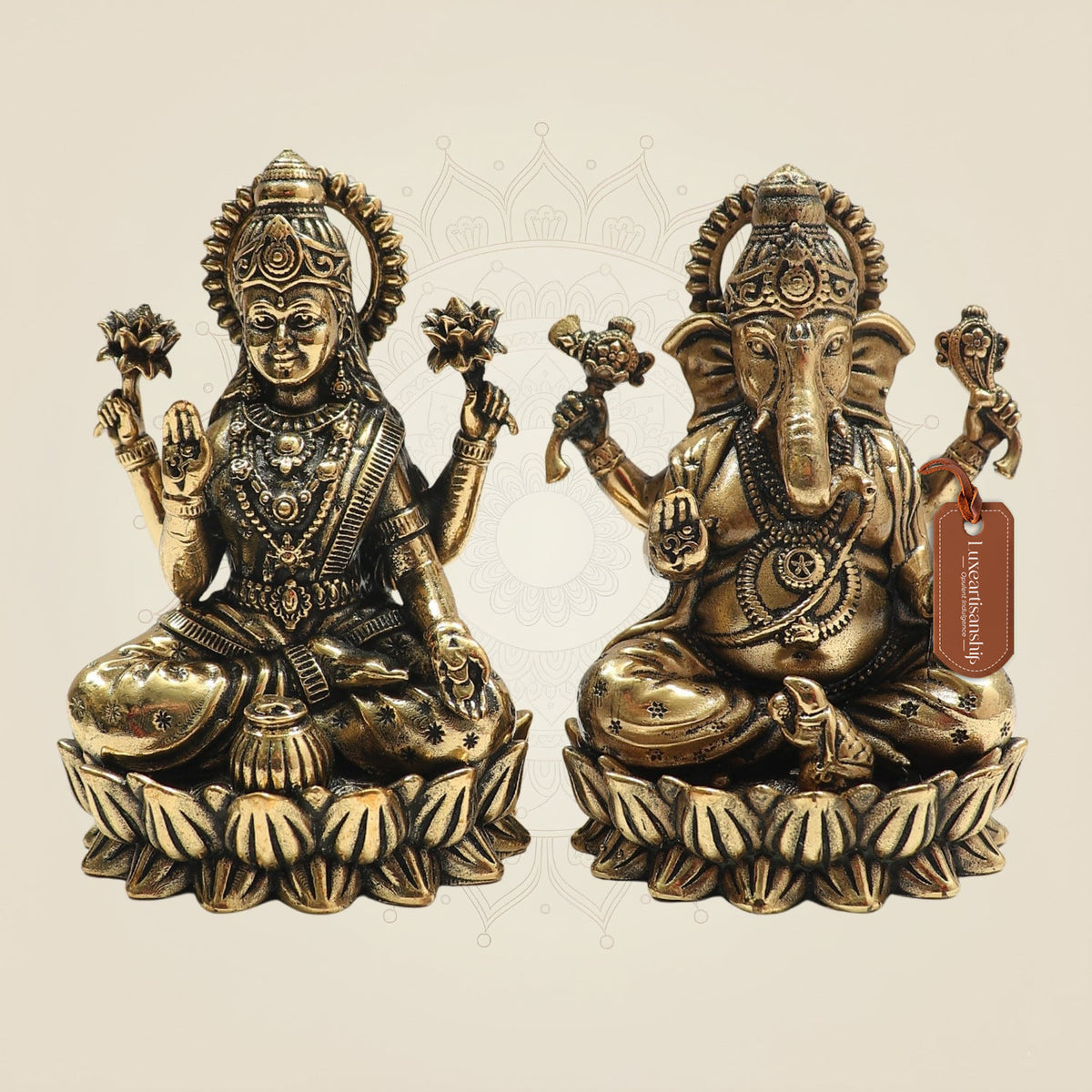 4.5" Umbrella Brass Laxmi Ganesh Idol Pair | Auspicious Vastu Decor