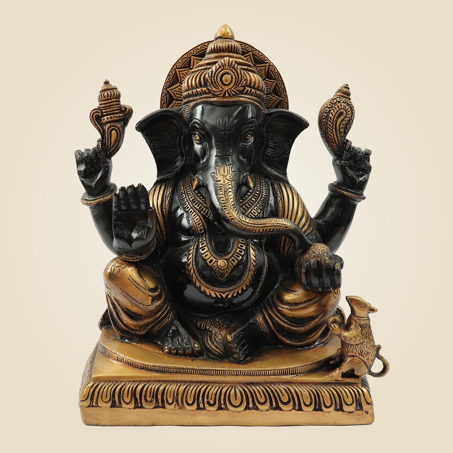 Blessing Surya Ganesh Brass Statue 11" – Black & Gold Handmade Pital Idol