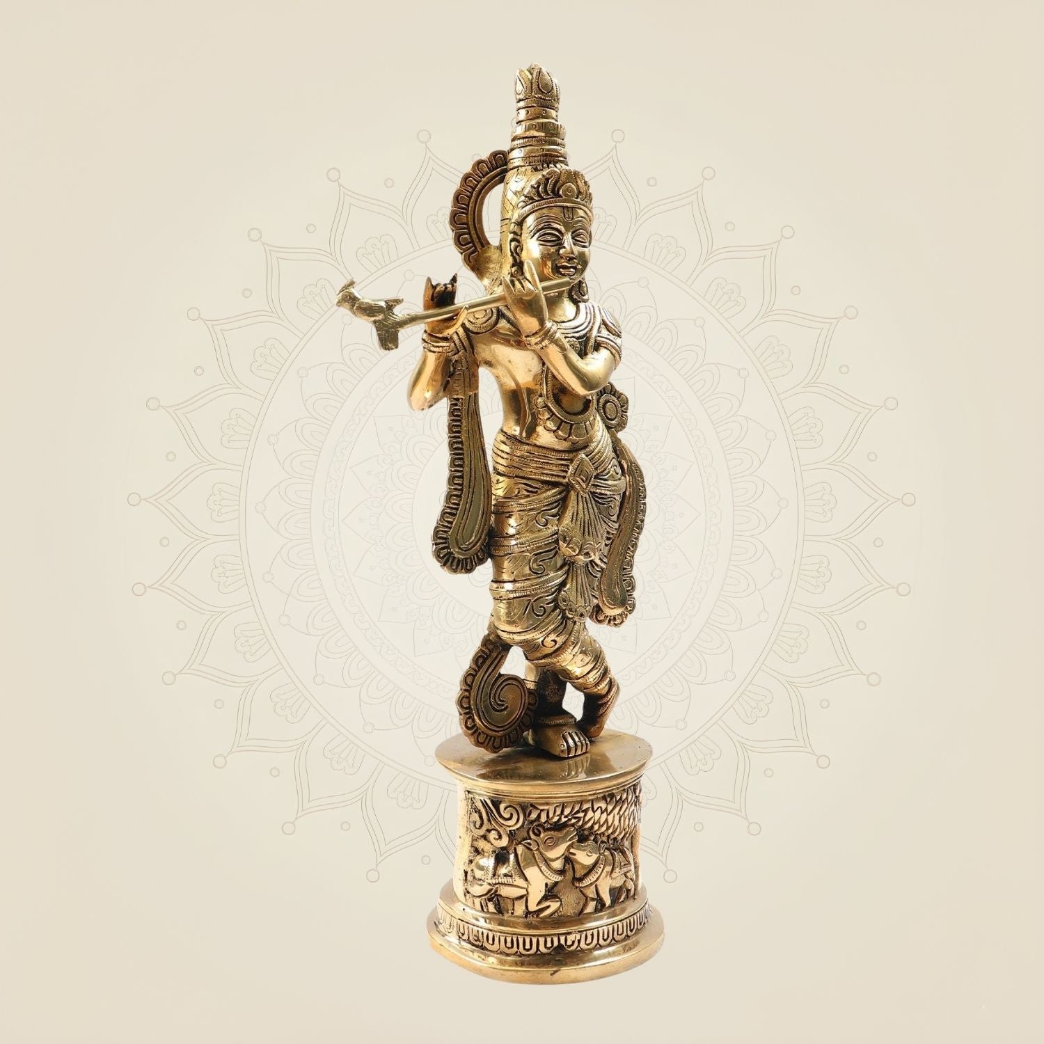 Krishna Brass Idol 15" - Flute Player Murti on Round Base Solid Brass Sculpture