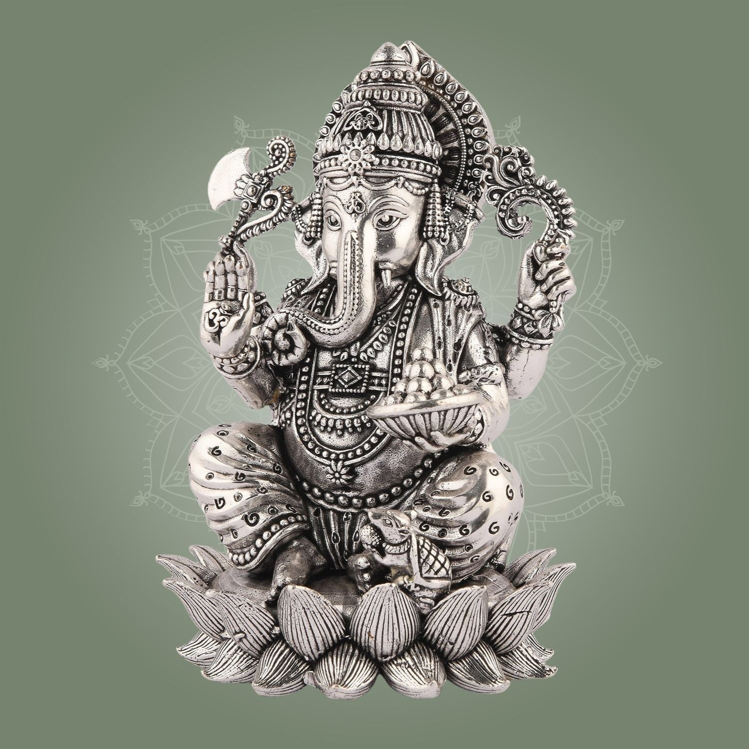 Silver-Plated Lord Ganesha on Lotus Idol– 4" Superfine Pure Brass Statue