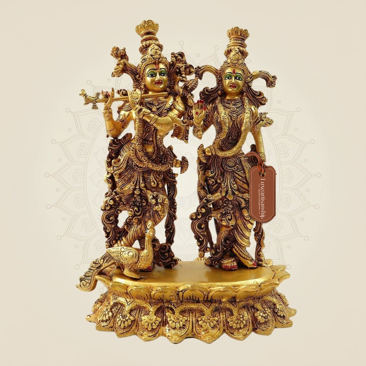 South Indian Style Radha Krishna Brass Idol with Peacock – Divine Décor Statue 13.5"