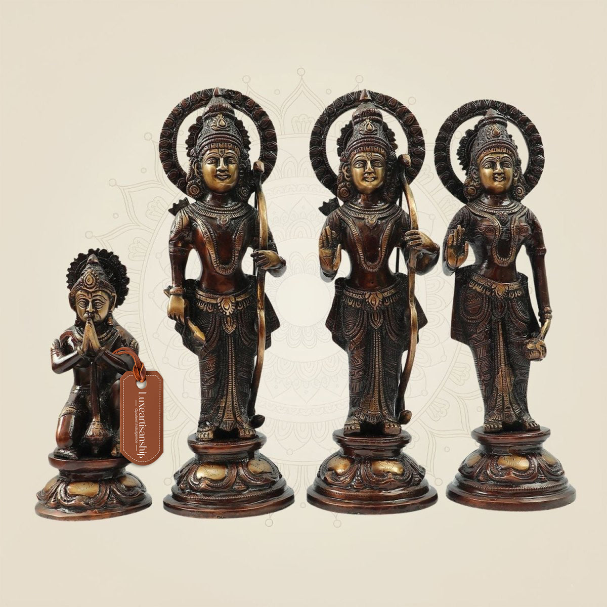 Antique Polish Brass Ram Darbar Idol Set | Rama Sita Lakshman Hanuman Murti 12.5" for Temple & Home Decor