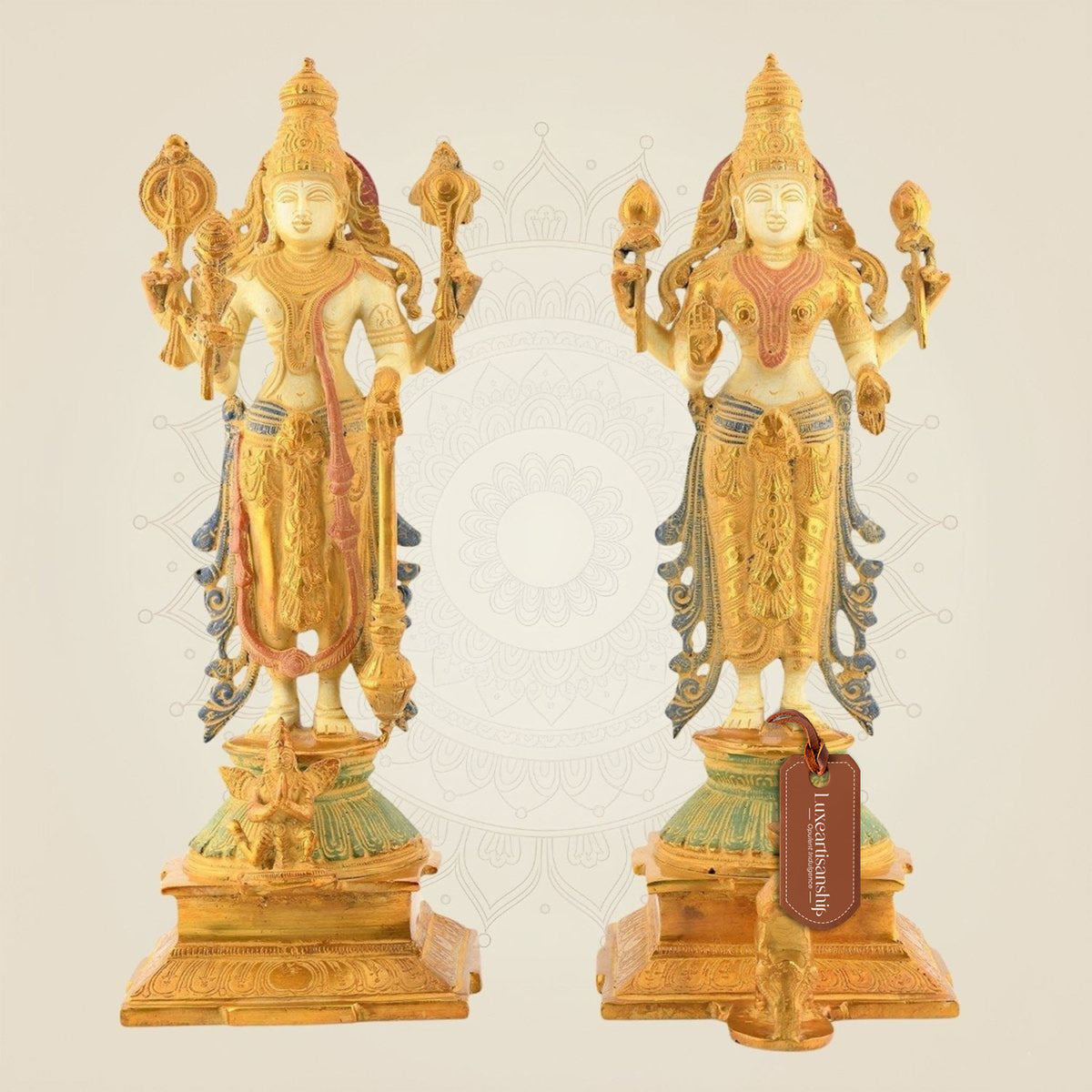 Laxmi Narayan Idol Pair – 14.5" Multicolor Mud Finish Brass Statues