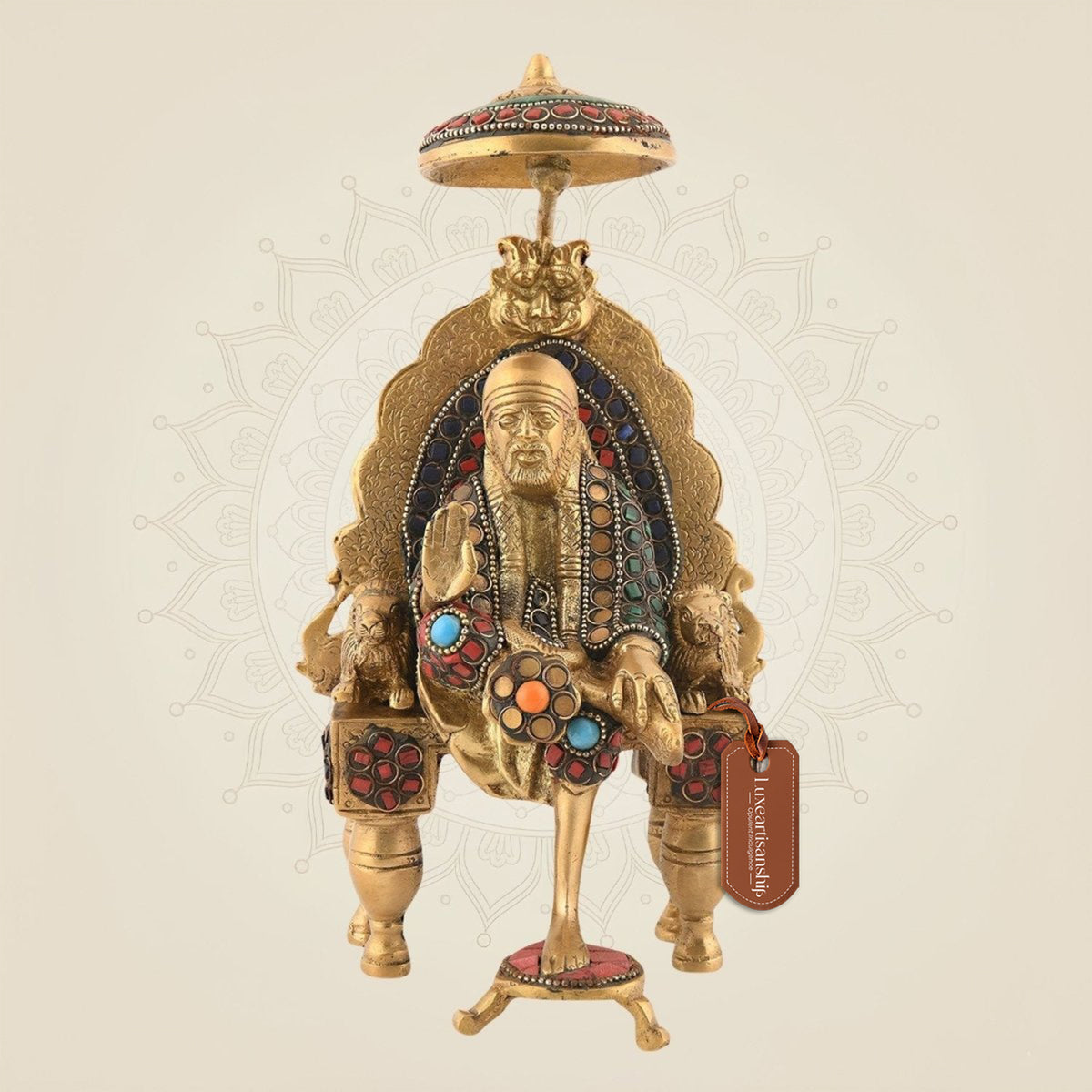 Shirdi Sai Baba Idol – 9.25" Pure Brass Statue with Multicolor Stonework | Divine Decor