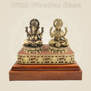 Laxmi Ganesh Brass Idol on Wooden Base