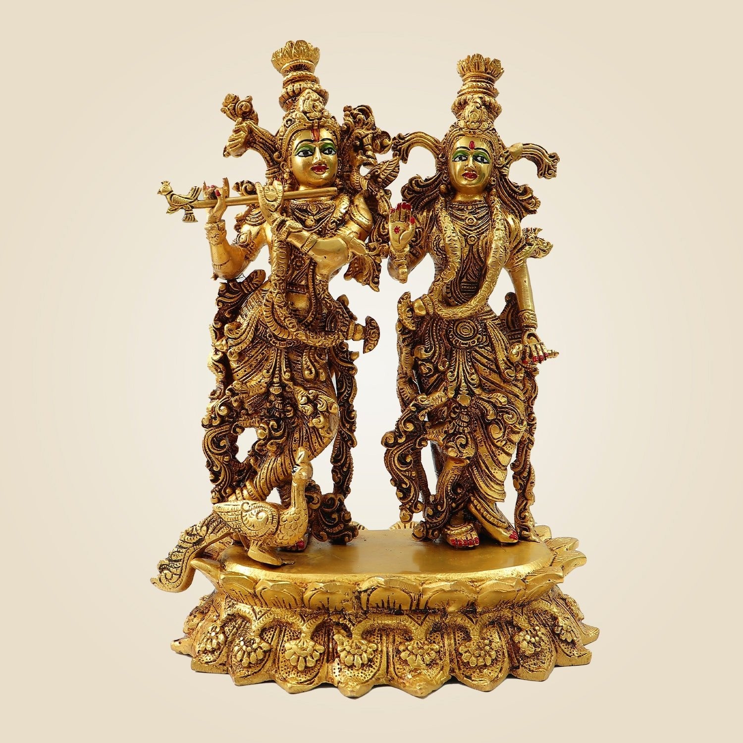 South Indian Style Radha Krishna Brass Idol with Peacock – Divine Décor Statue 13.5"