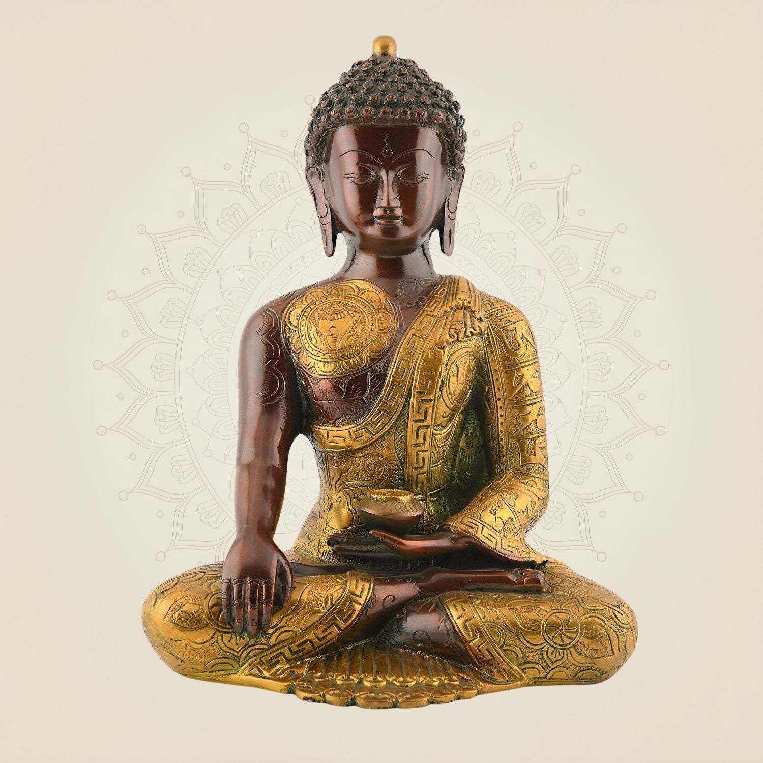 Meditating Buddha with Matka Statue – 12" Nepali Orange Brass Decor Multicolor Idol