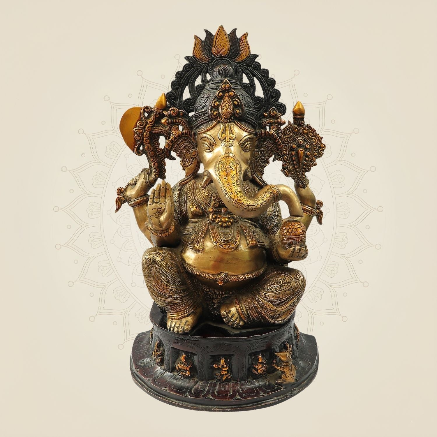 Seated Chaturbhuja Lord Ganesha Idol in Brass – Handmade Temple Statue 22.25"