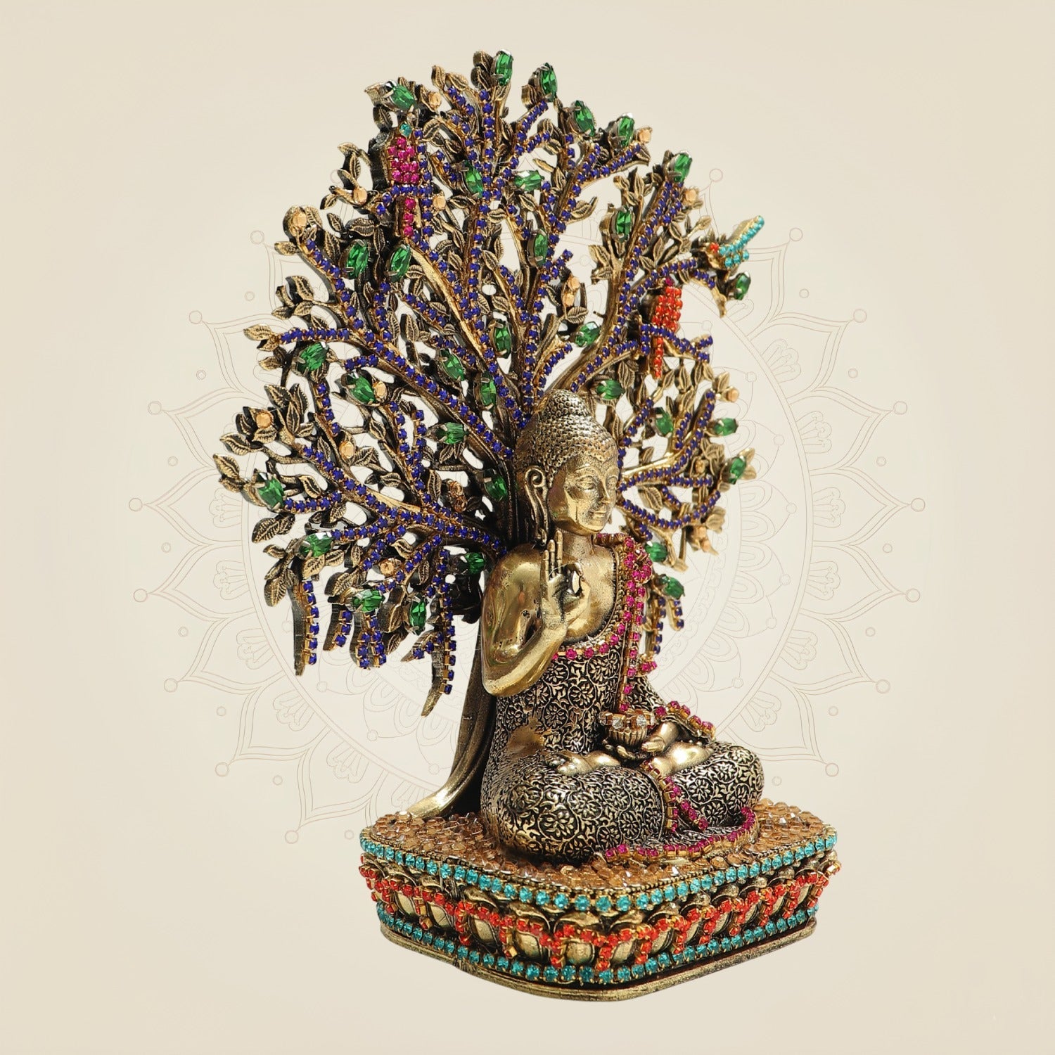 Brass Buddha Statue Under Bodhi Tree 6.5" with Fine Jewellery Stone Work