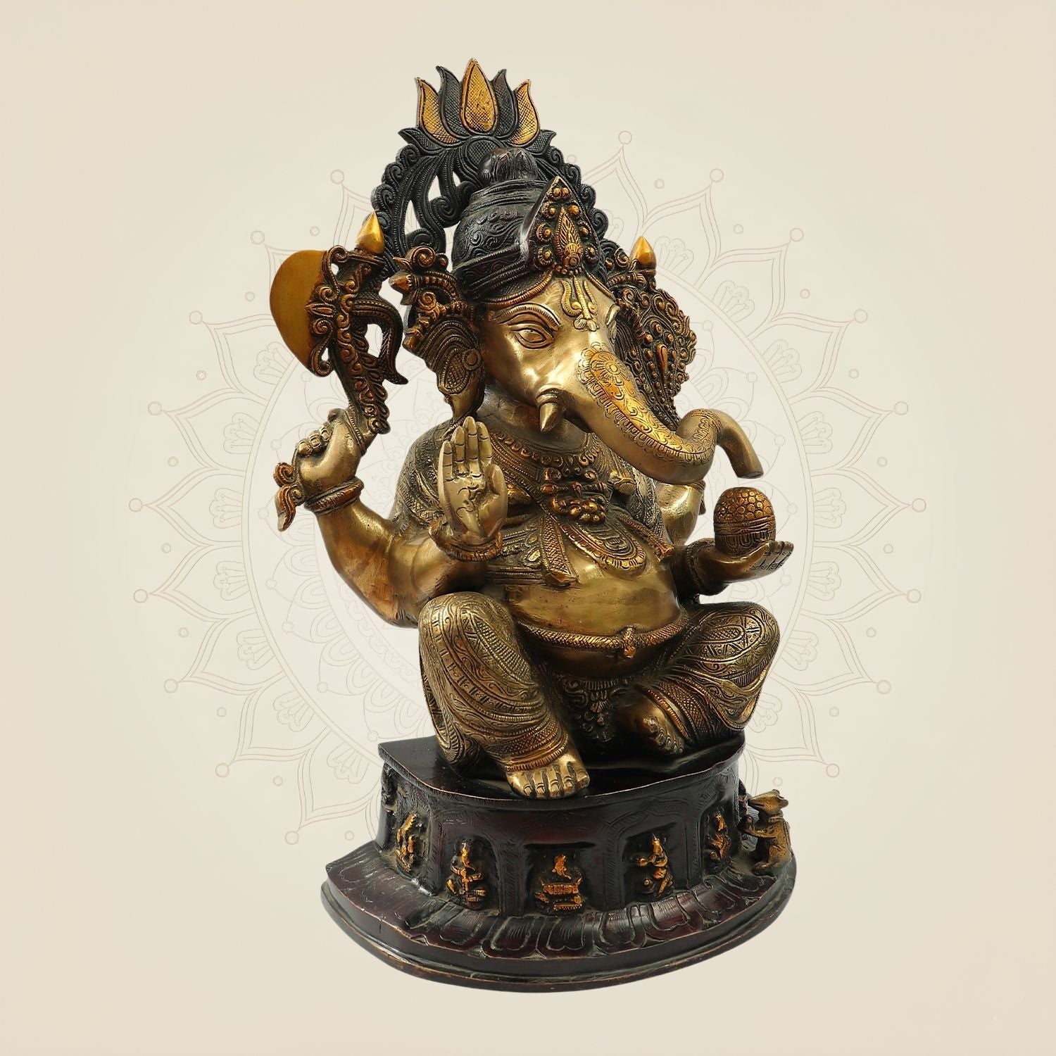 Seated Chaturbhuja Lord Ganesha Idol in Brass – Handmade Temple Statue 22.25"