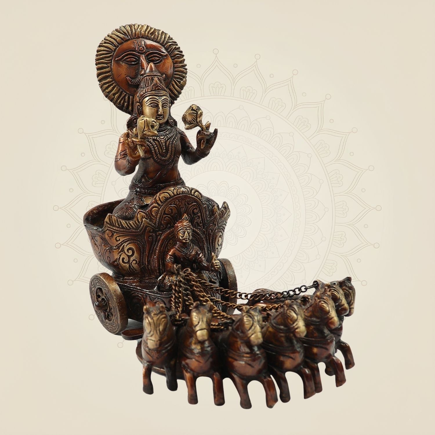 Exquisite Brass Surya Dev Rath Idol with 7 Horses 10.75" Inchs | Sacred Vedic Decor Statue