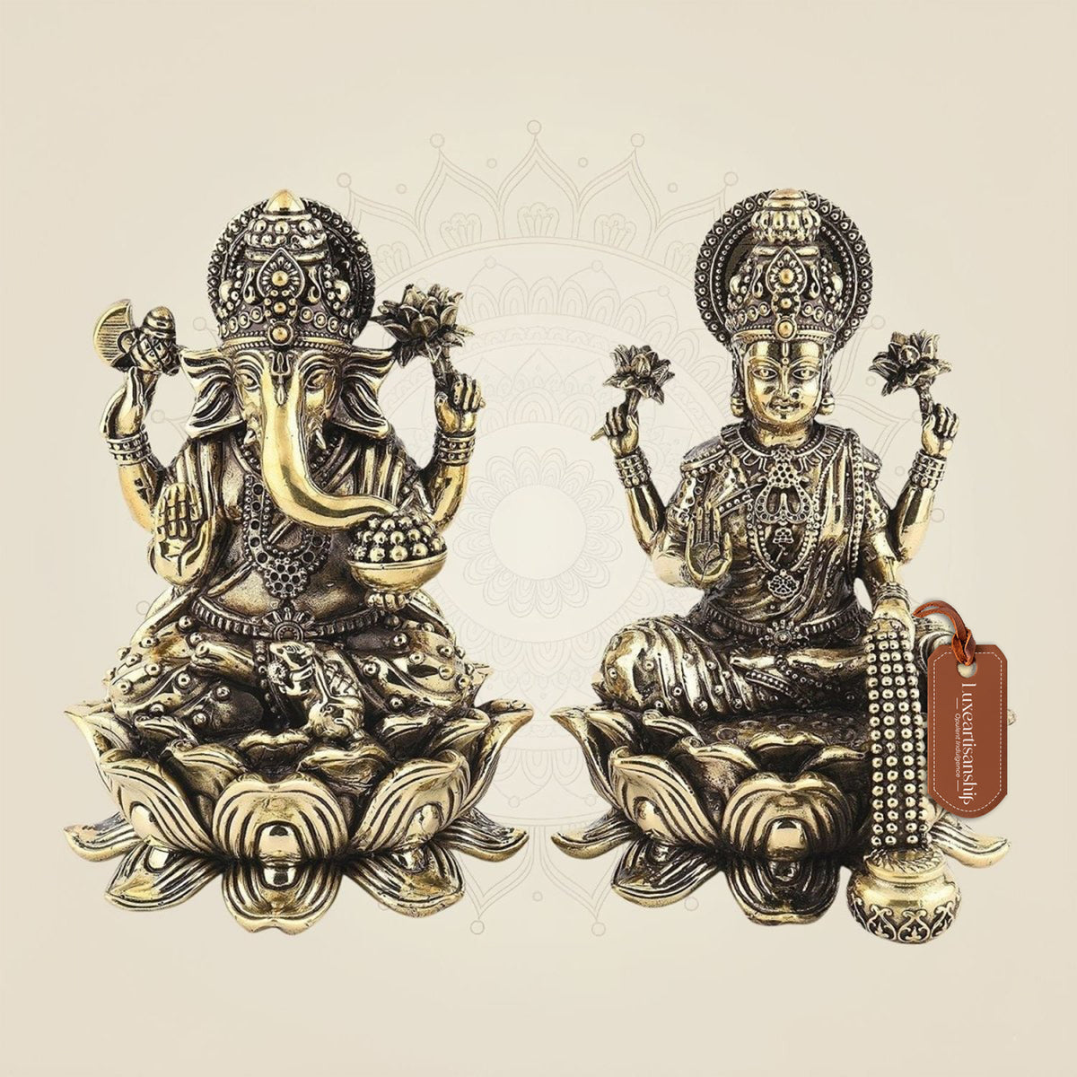 Intricately Carved Laxmi Ganesh Idol on Lotus Idol 6"- Superfine Lightweight Brass Statue