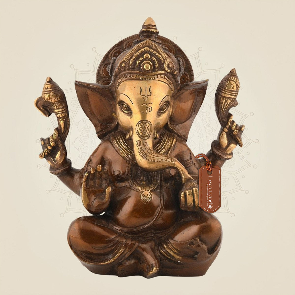 Brass Ganesha Idol Enjoying Modak 7.75" | Handmade Ganesh Statue for Home Decor