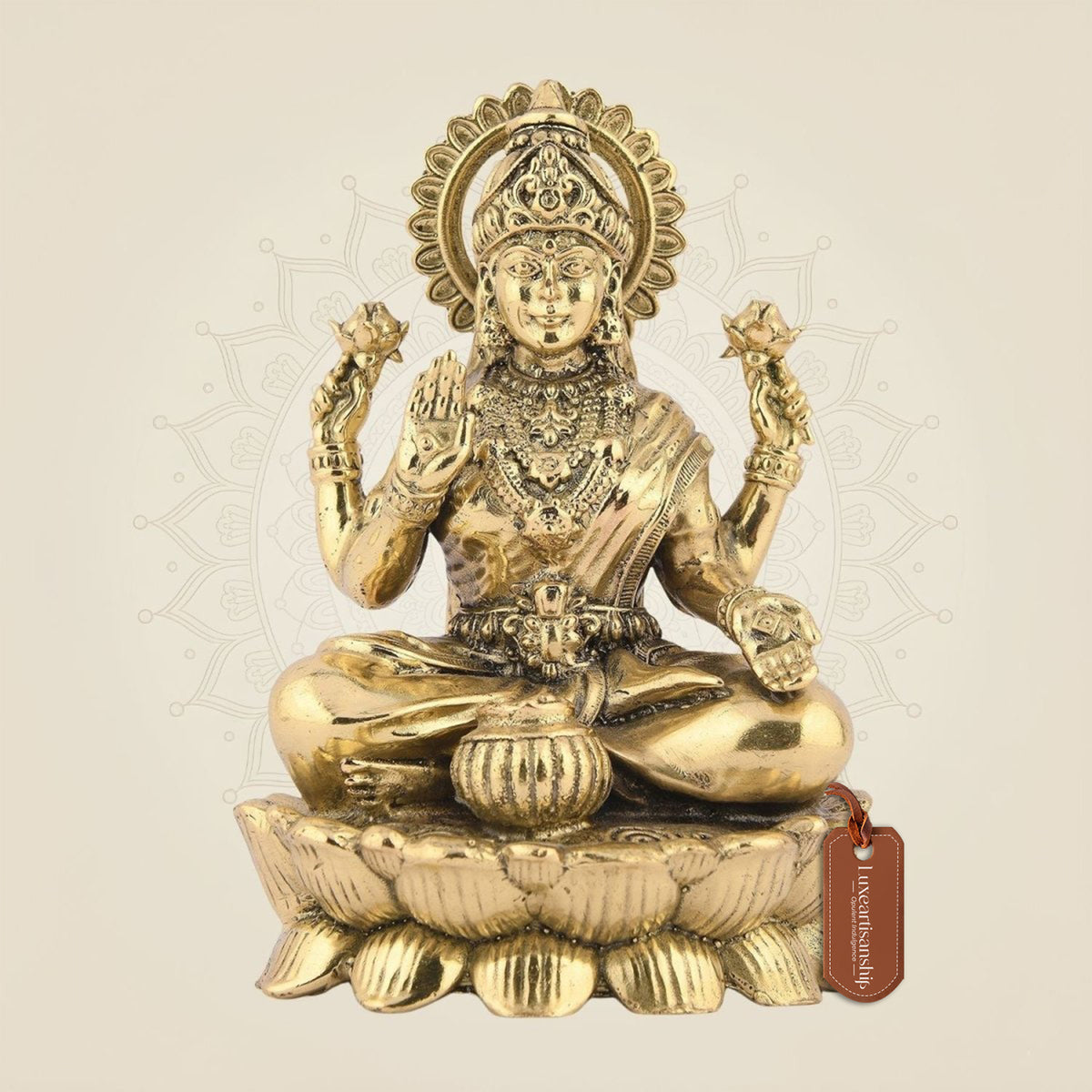 4.5" Laxmi Ji Seated on Lotus – Handcrafted Pure Brass Idol for Pooja Room