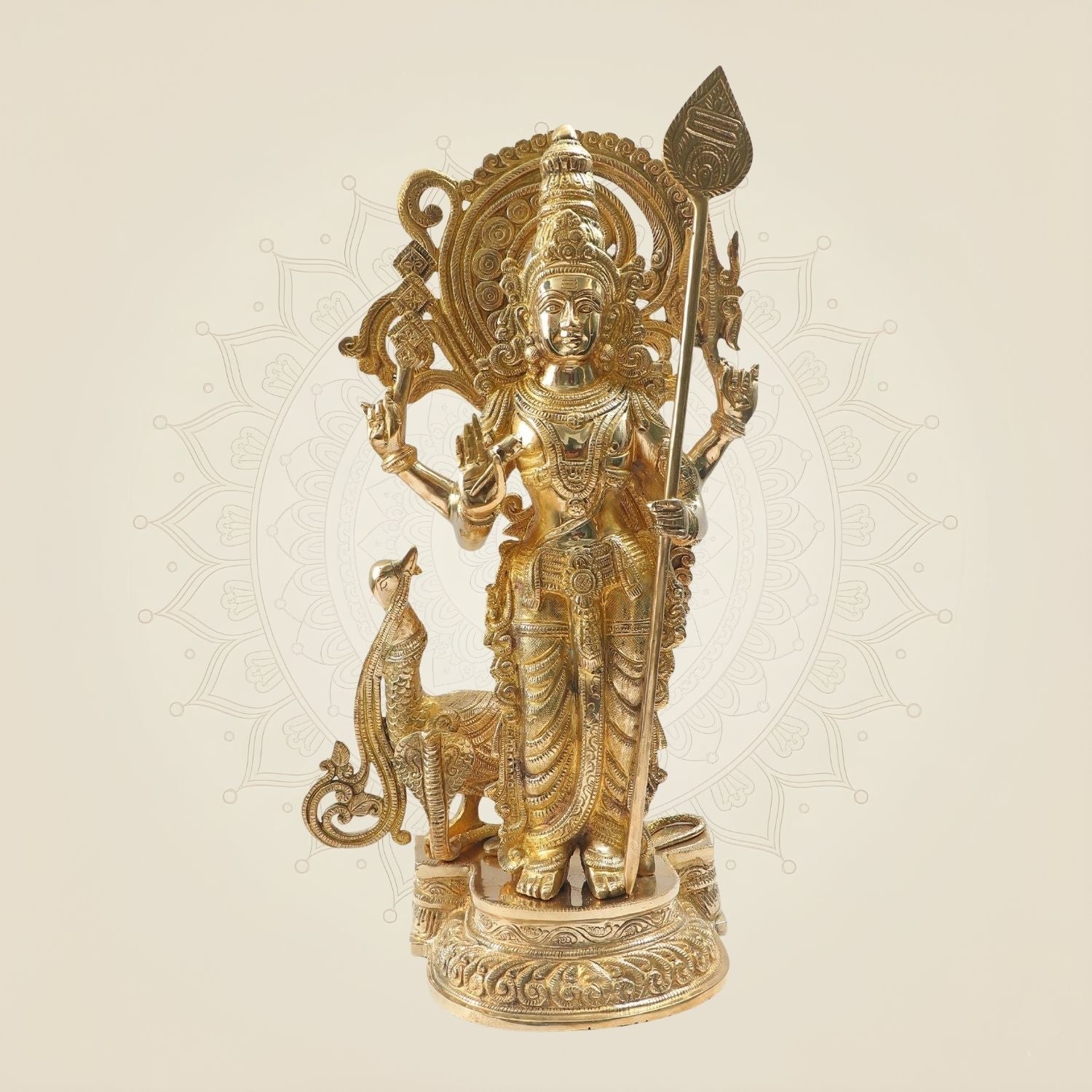 Big Murugan Idol 20"- Brass Kartikeya Murti with Peacock Vahan for Temple & Home