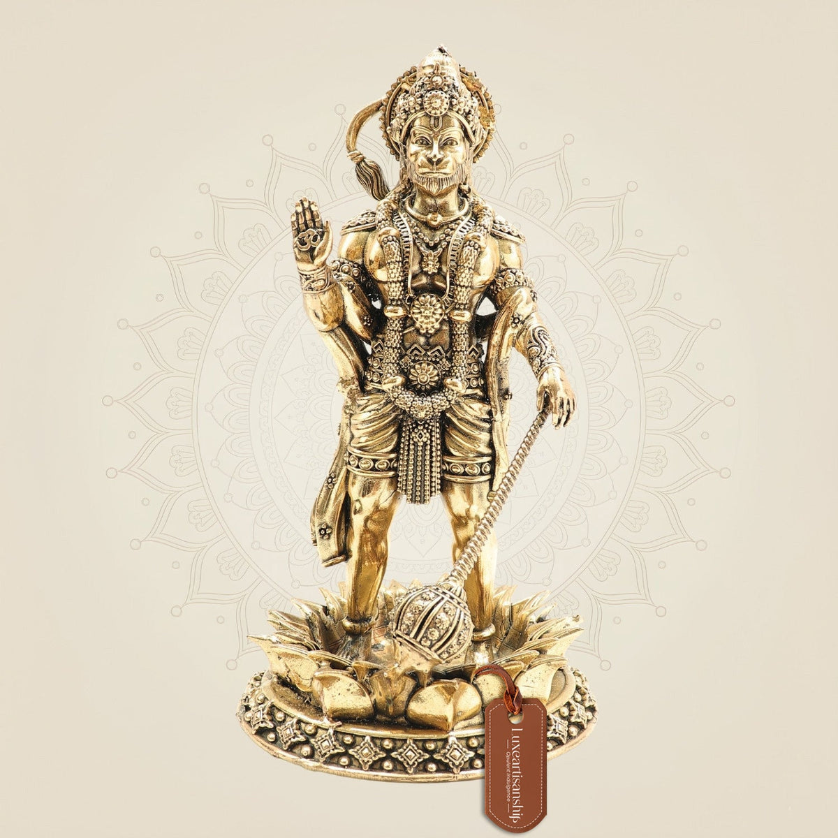 Brass Standing Hanuman Idol on Lotus – Superfine Finish Pooja Murti 8"