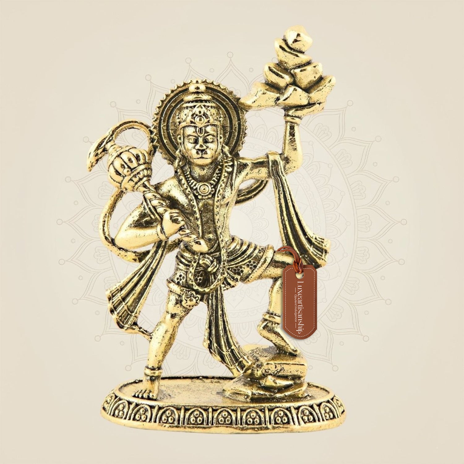 Brass Hanuman Lifting Sanjeevani Mountain – 3″ - Superfine Miniature Idol