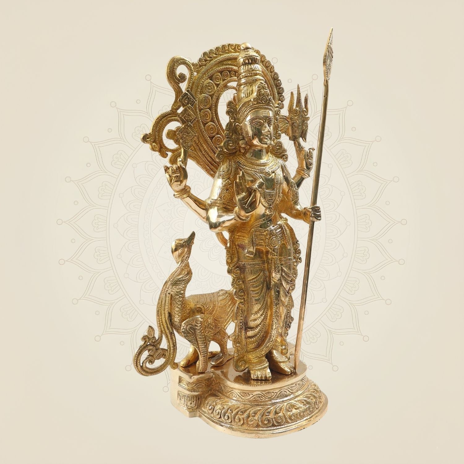Big Murugan Idol 20"- Brass Kartikeya Murti with Peacock Vahan for Temple & Home
