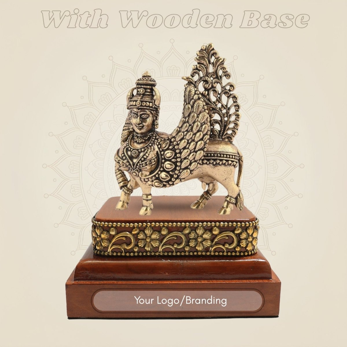 Brass Kamdhenu Cow Murti on Wooden Base - Luxeartisanship