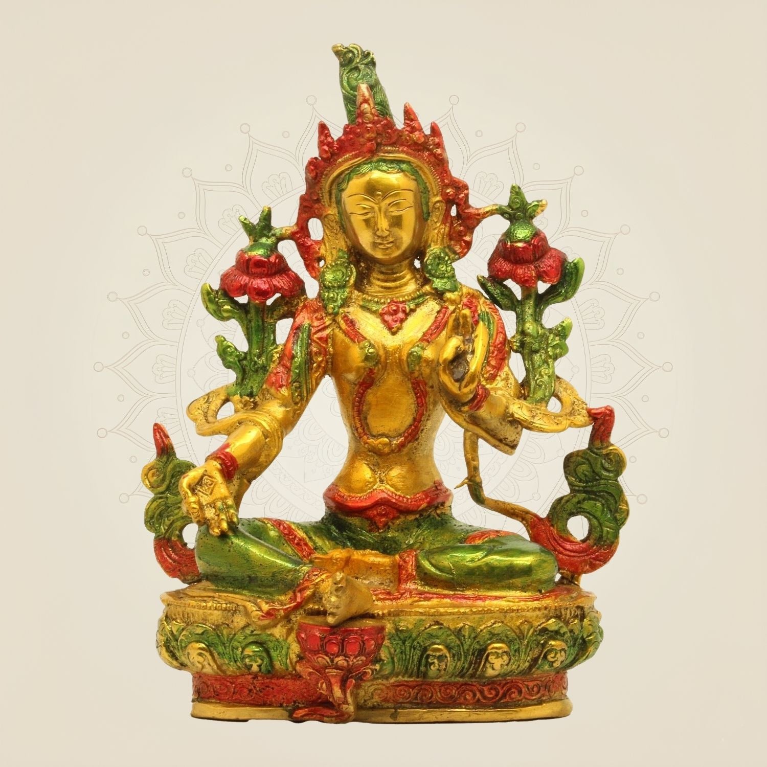 Tibetan Green Tara Brass Idol – Hand-Painted Compassion Statue for Home 8.5"