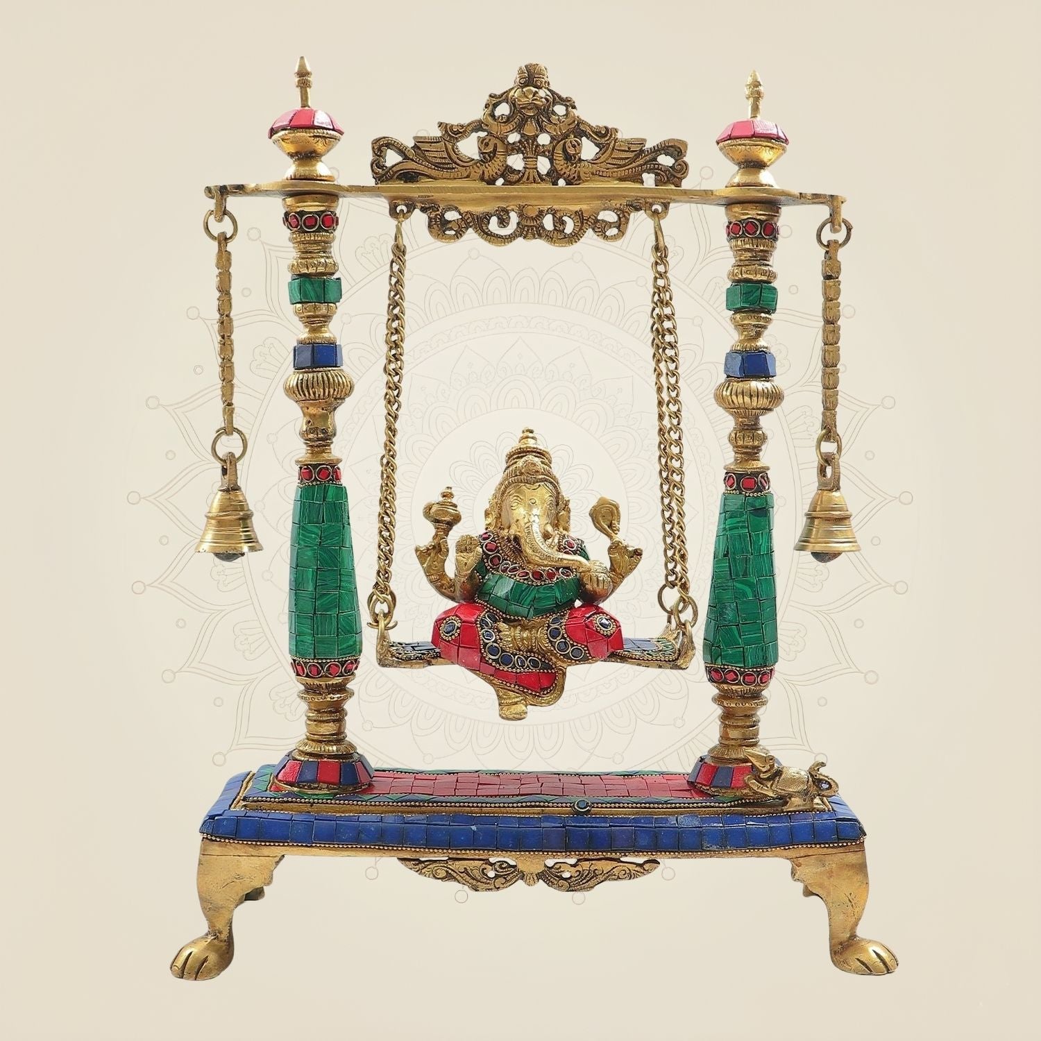 Brass Ganesh Ji Idol on Swing with Stone Work 16" | Traditional Ganesha Jhoola Statue for Pooja Decor