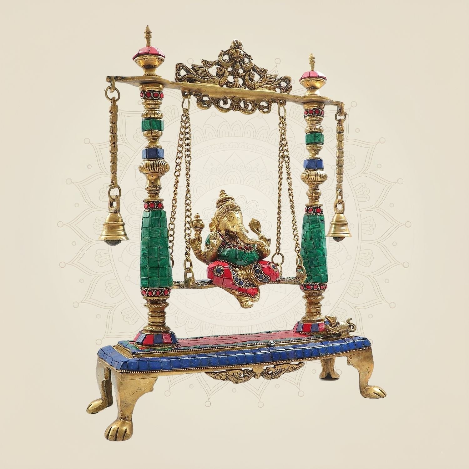 Brass Ganesh Ji Idol on Swing with Stone Work 16" | Traditional Ganesha Jhoola Statue for Pooja Decor