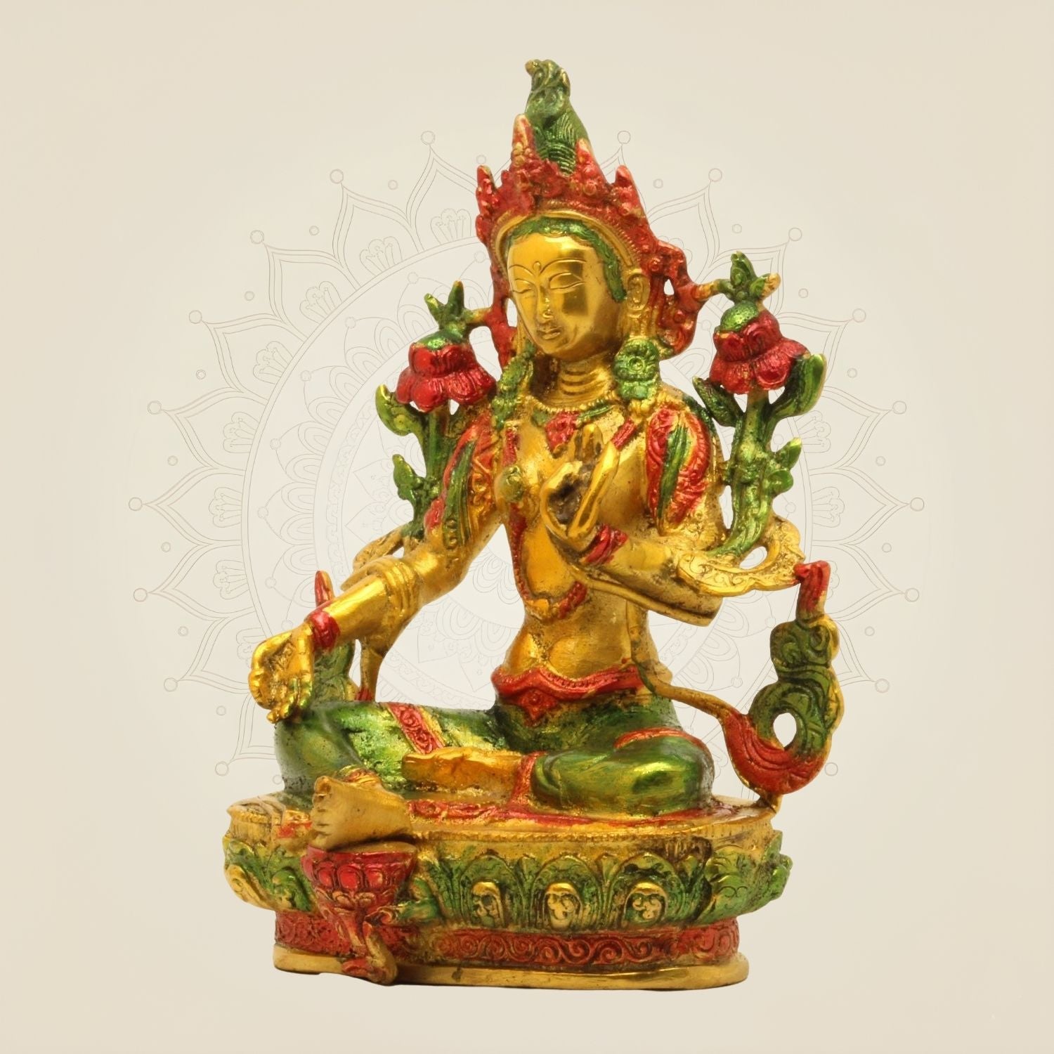 Tibetan Green Tara Brass Idol – Hand-Painted Compassion Statue for Home 8.5"