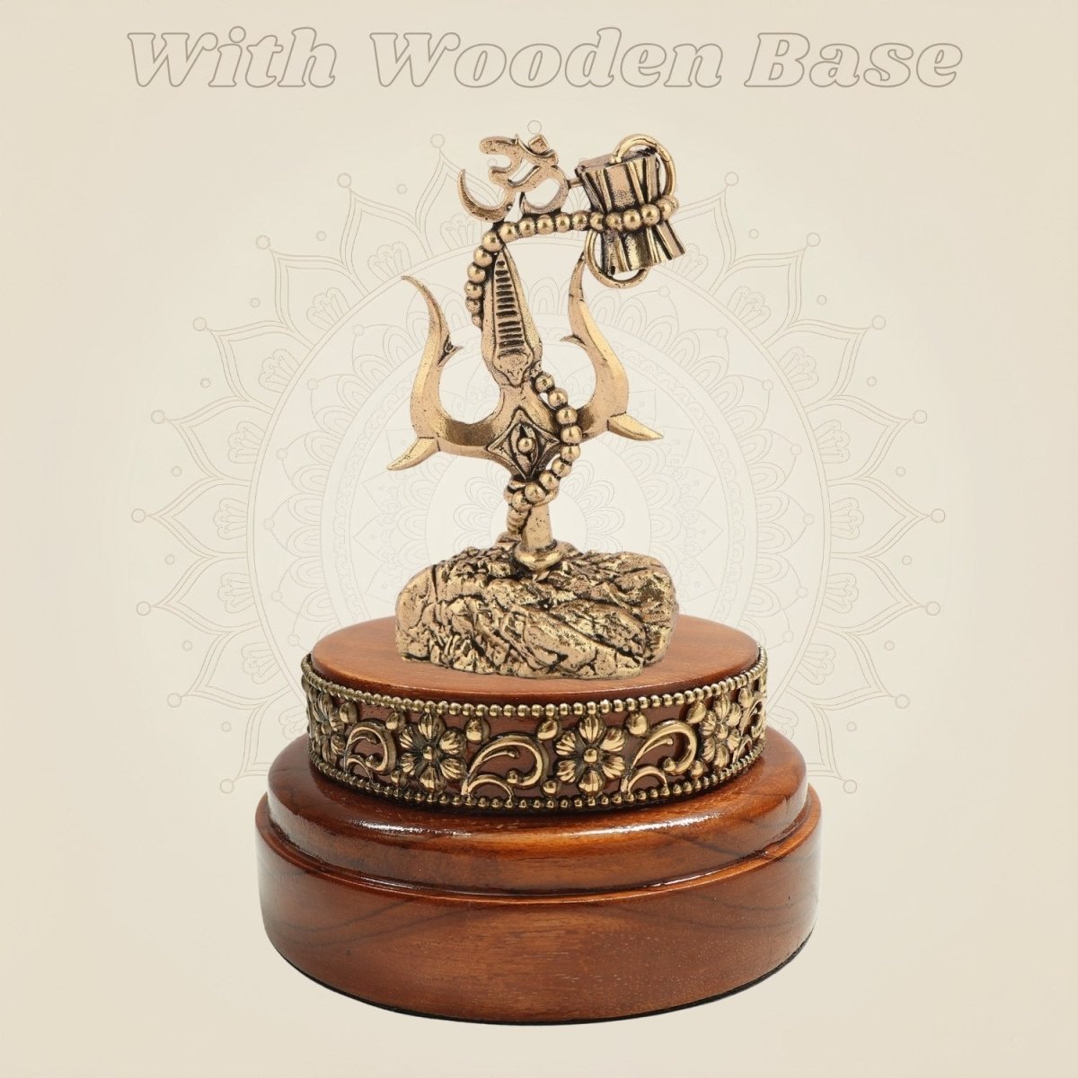 3.75" Brass Trishul with Damru & Om on Round Wooden Base for Shiva Pooja - Luxeartisanship