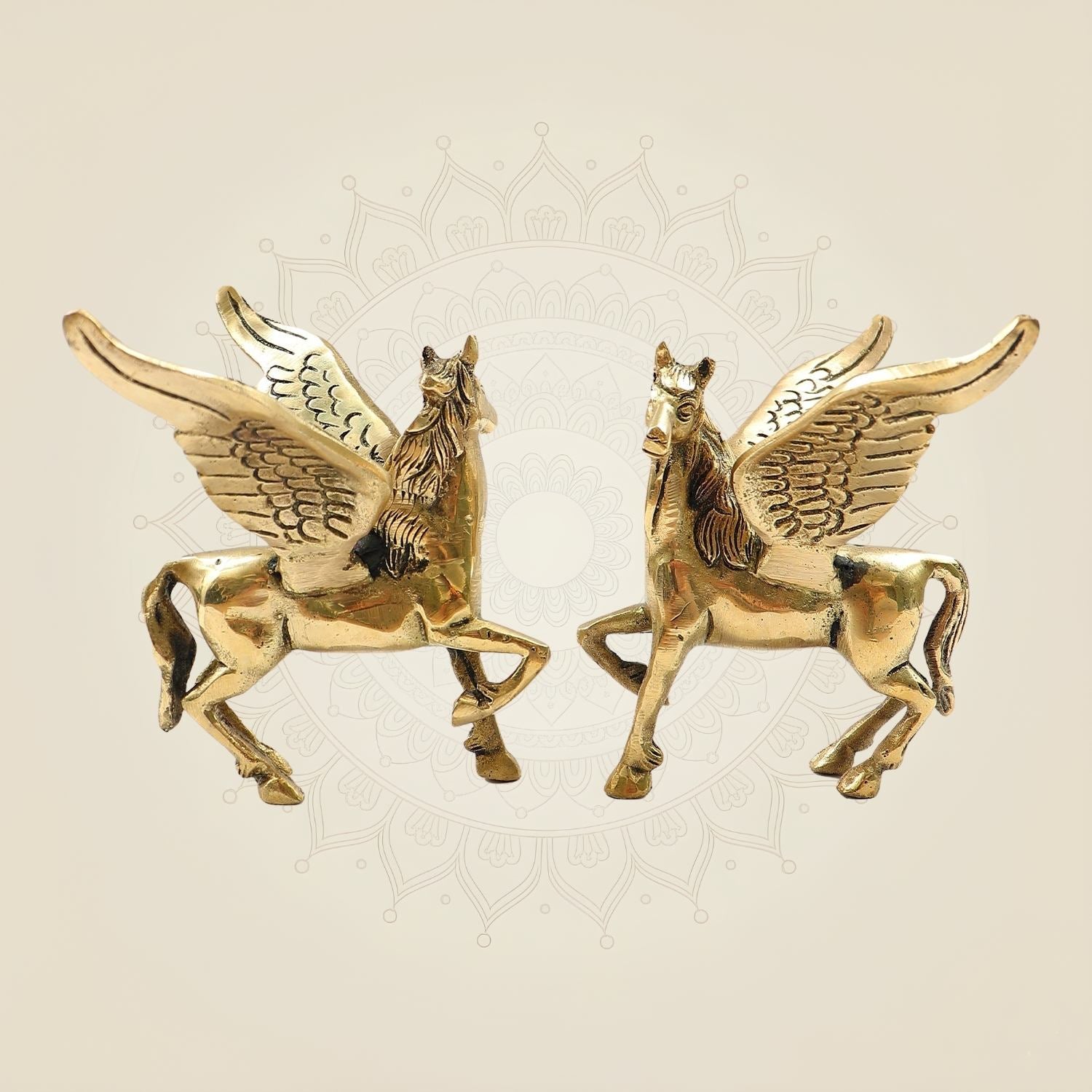 Pair of Brass Winged Horse Idols – Pegasus Style Handcrafted Showpiece - 4.5