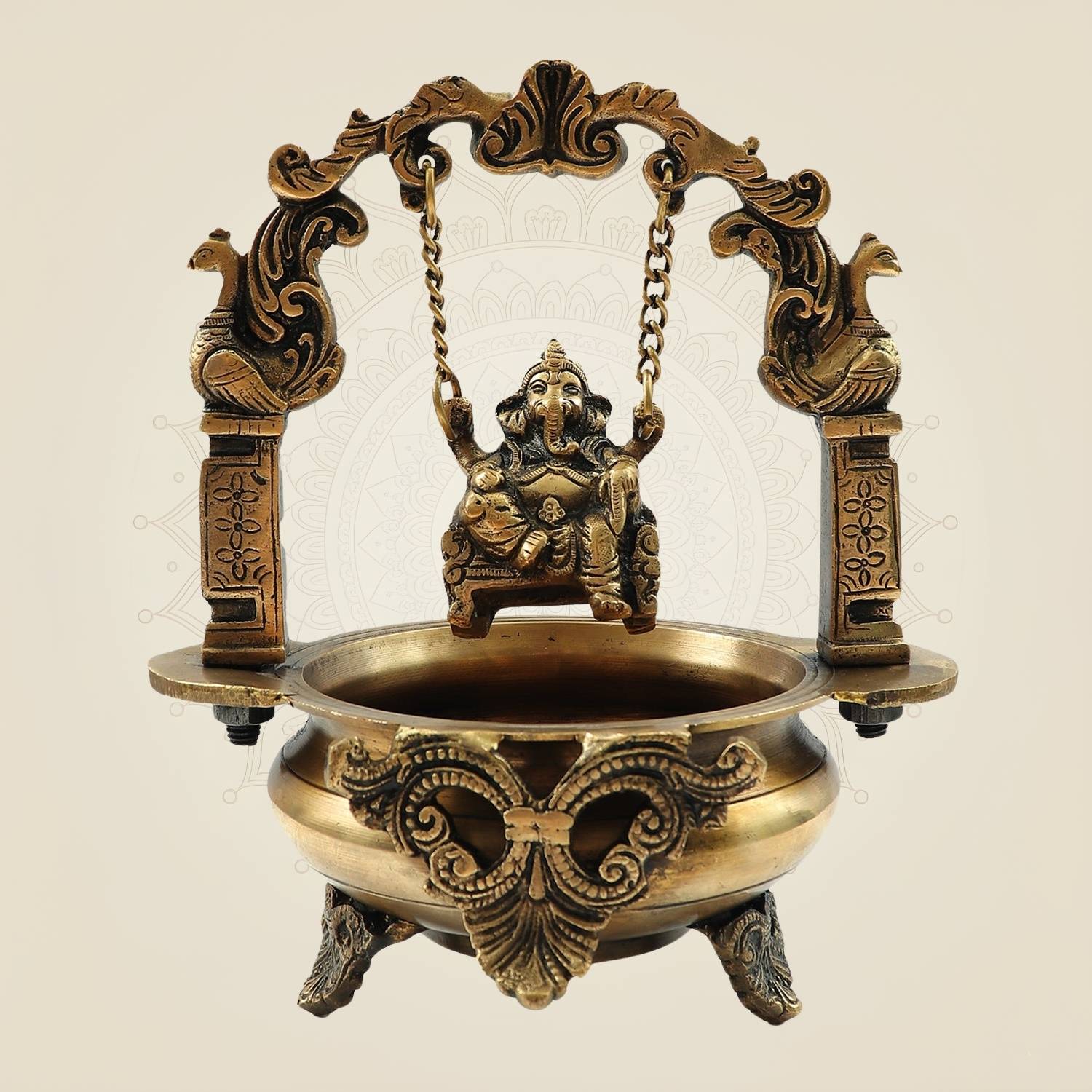 Elegant Brass Ganesh Idol on Jula Swing with Urli for Home & Gift Decor - 9.25"