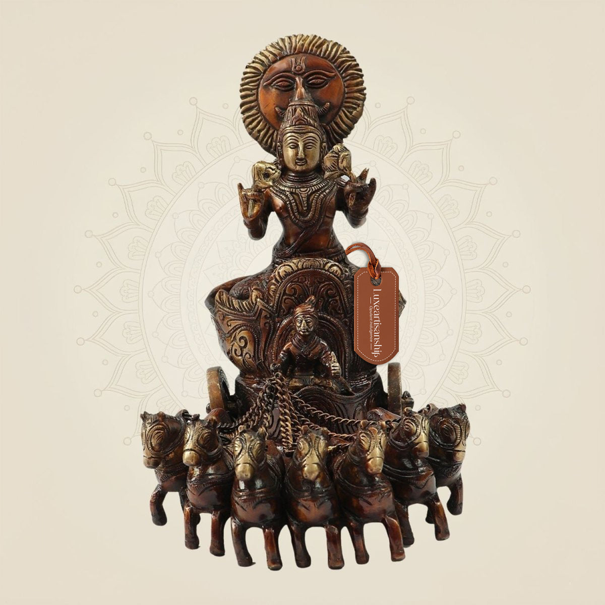 Exquisite Brass Surya Dev Rath Idol with 7 Horses 10.75" Inchs | Sacred Vedic Decor Statue