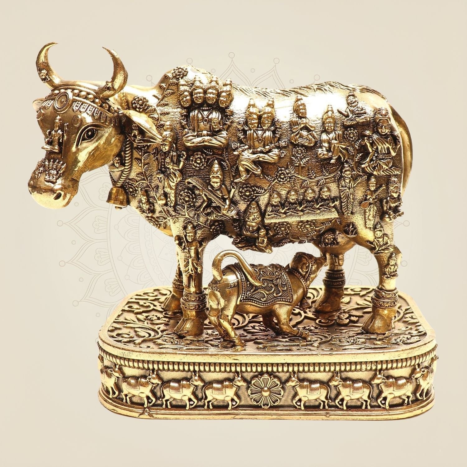 Kamdhenu Cow & Calf Idol • Divine Pure Brass Statue with Deities – 5.5"