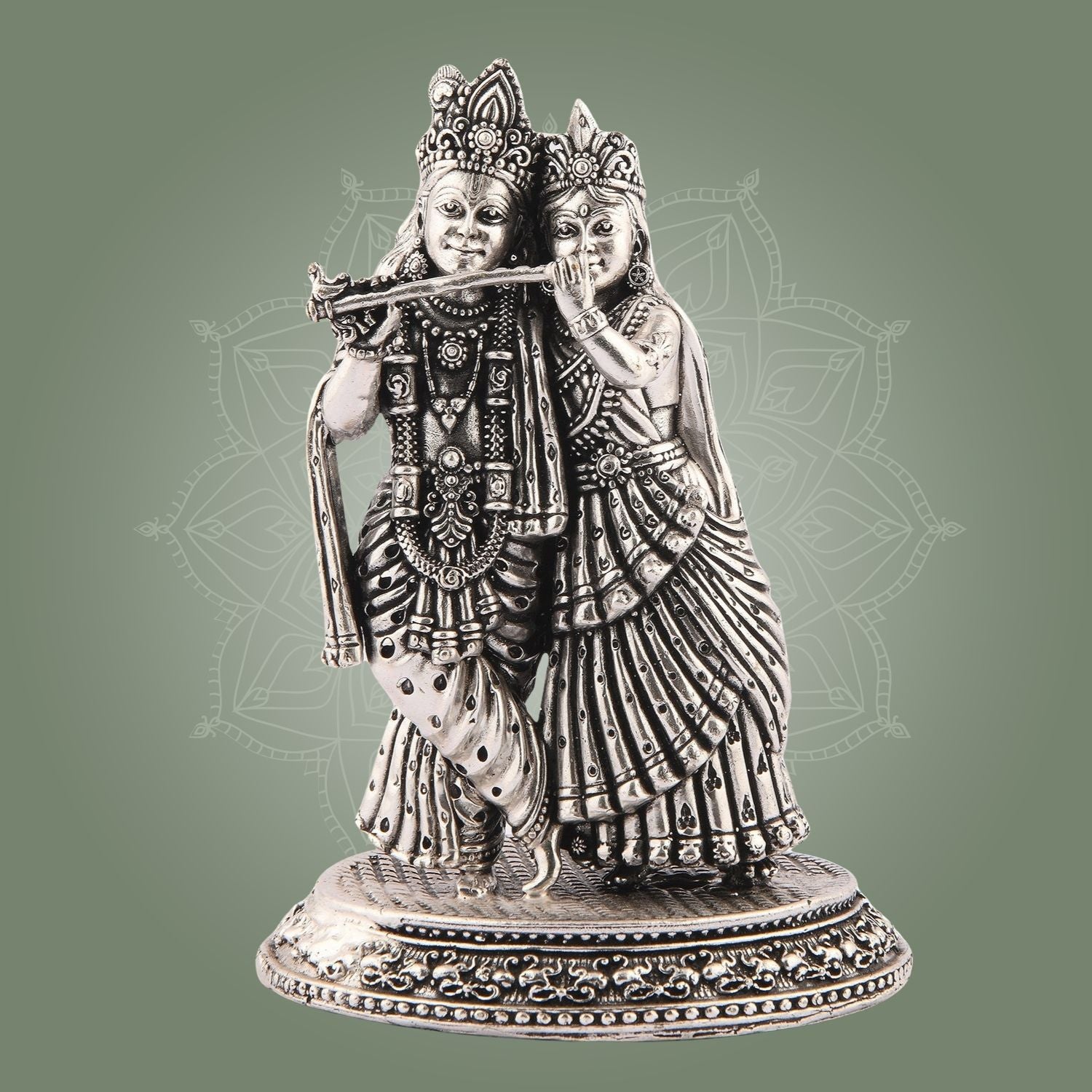 Silver Finish Radha Krishna Idol – 5" Pure Brass Statue for Blessings
