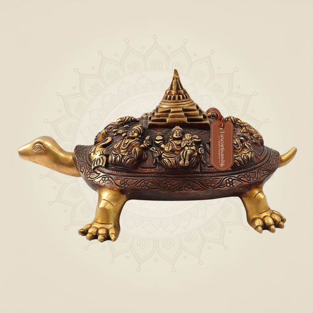 Brass Ashtalakshmi Shree Yantra on Tortoise Figurine 5.75" – Unique Vastu Home Décor