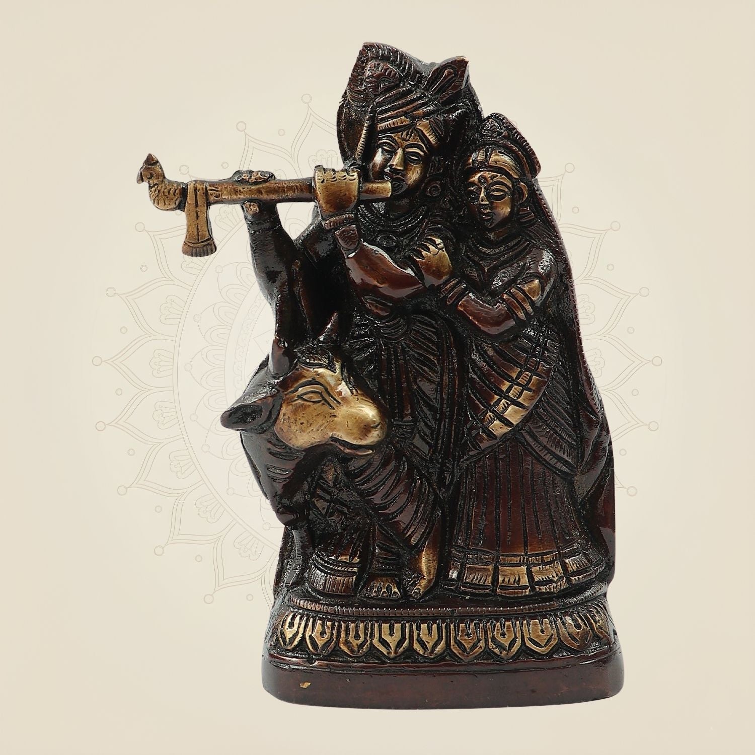 Brass Radha Krishna with Cow Idol 6" – Elegant Murti for Puja, Janmashtami & Home Décor