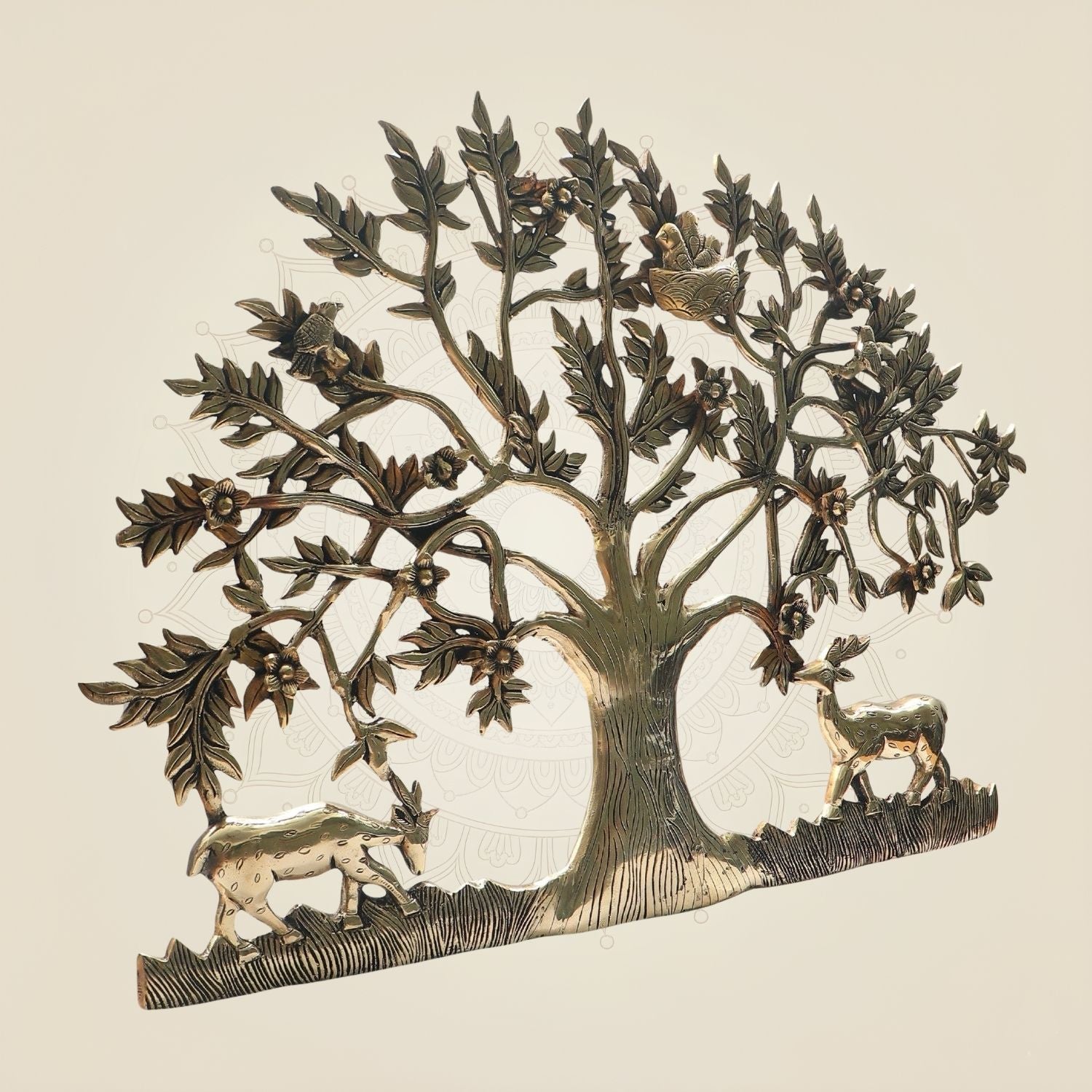Brass Tree of Life Wall Art 22"- Kalpavruksha with Deer & Birds for Auspicious Décor