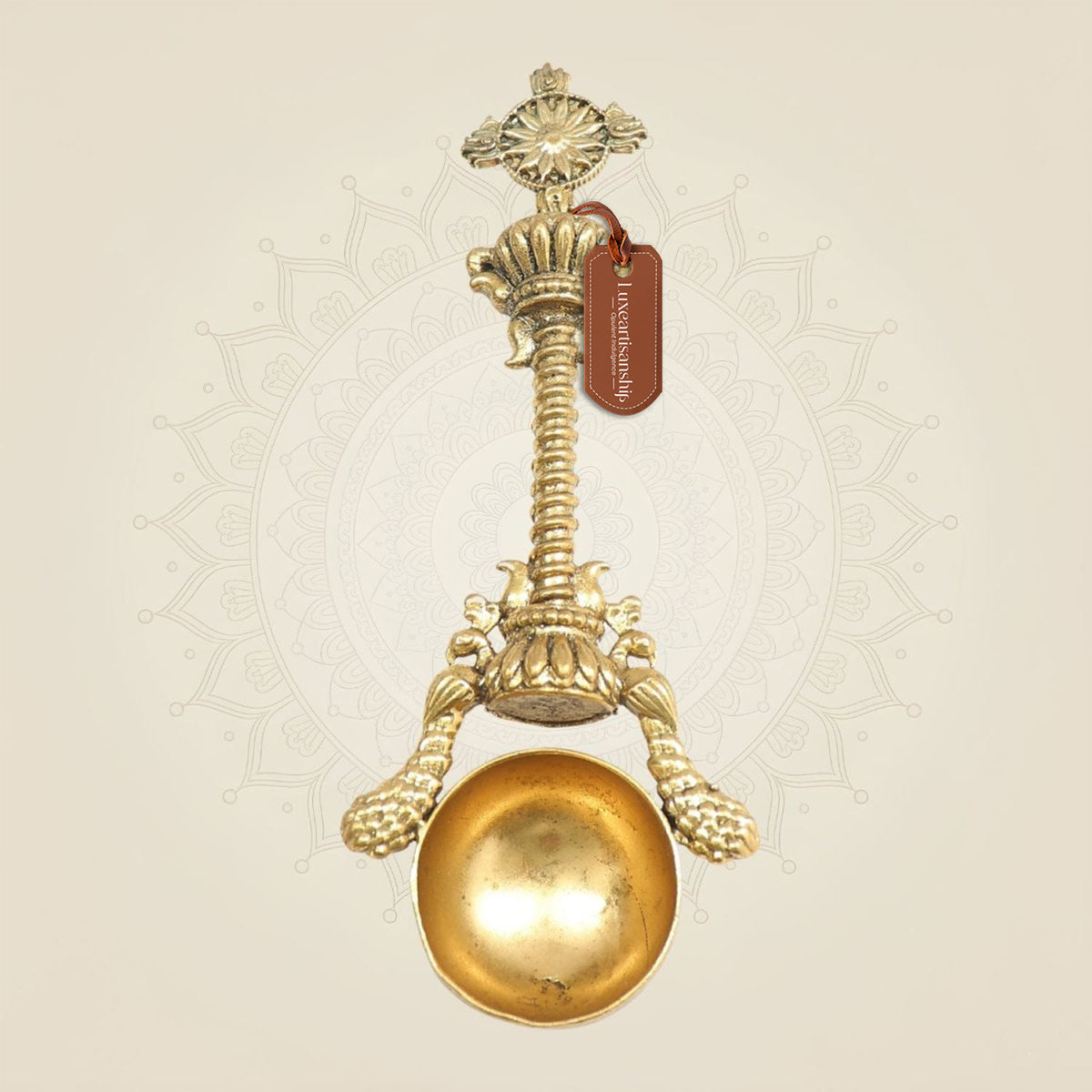 Brass Havan Spoon with Shankh Chakra Engraving 6.5" for Ritual Use