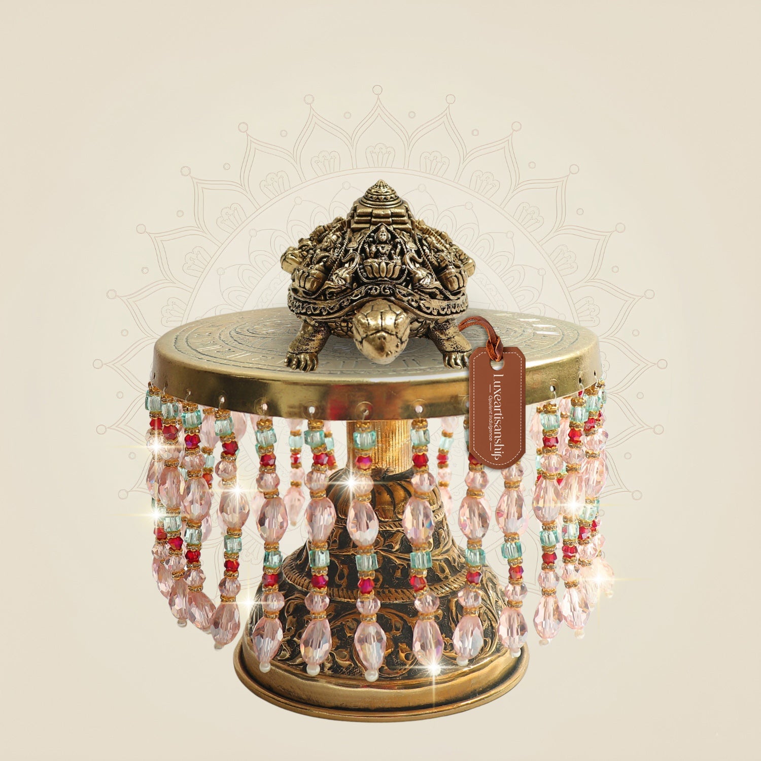 Brass Tortoise with Ashtalakshmi Shree Yantra on Chowki for Prosperity 6"