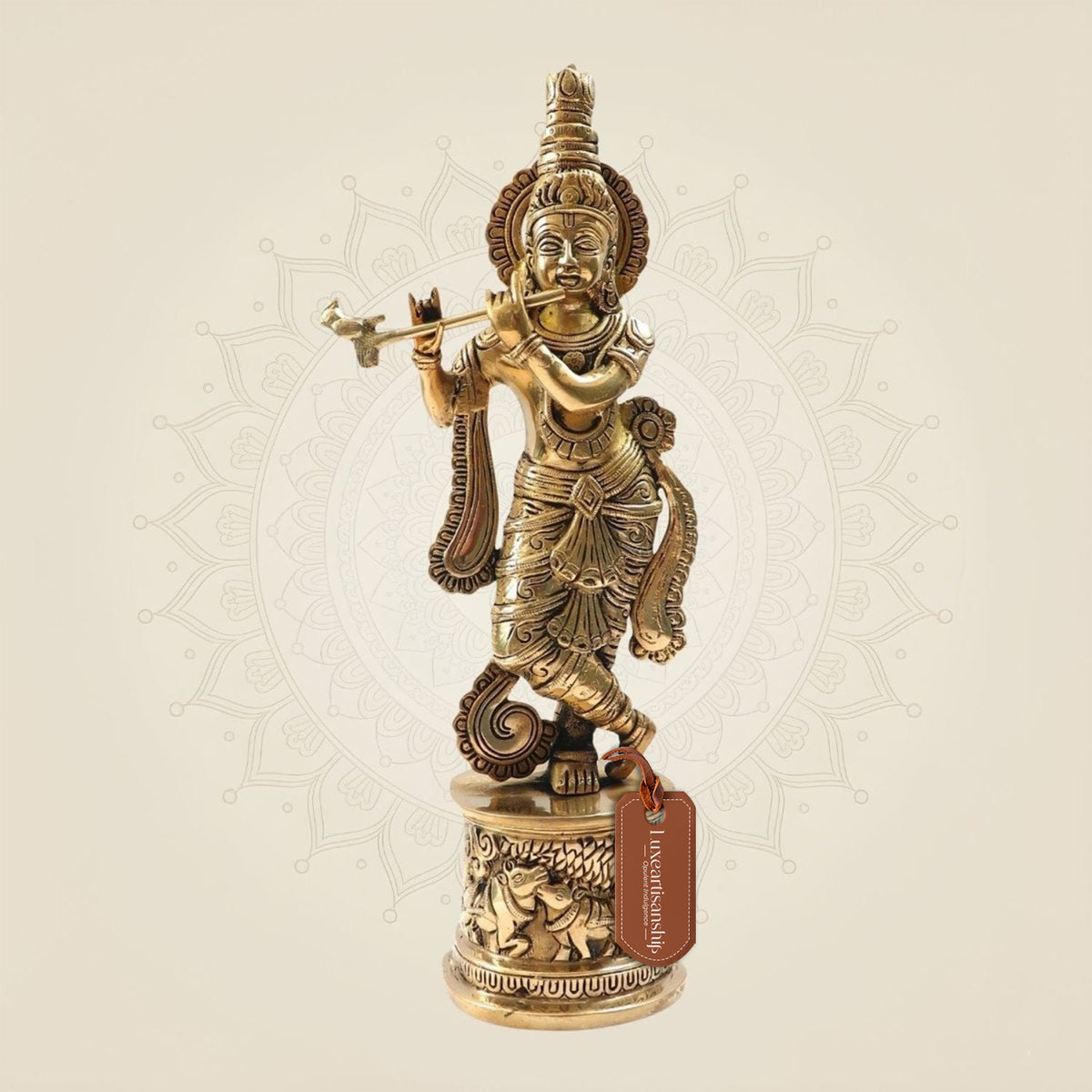 Krishna Brass Idol 15" - Flute Player Murti on Round Base Solid Brass Sculpture