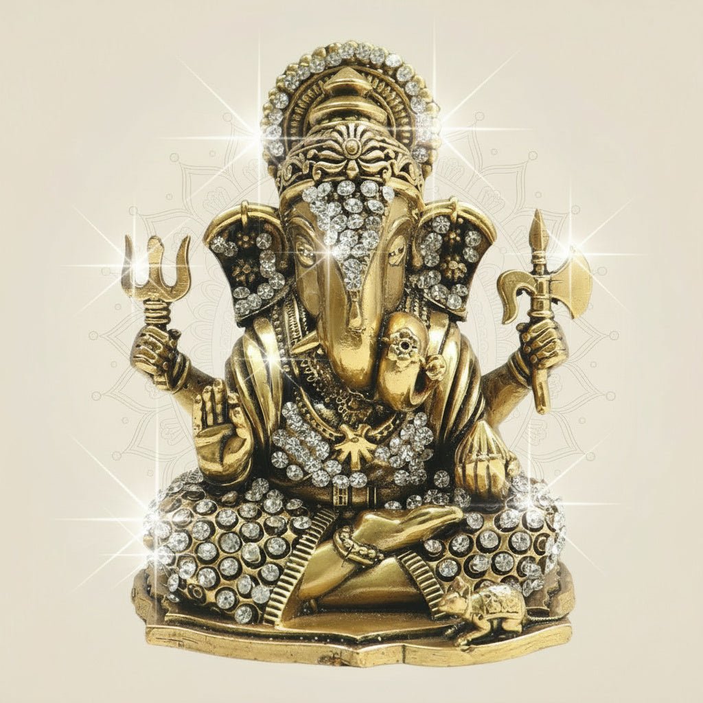 4" Brass Ganesha Statue in Fierce Form with Jewellery Stone Detailing - Luxeartisanship